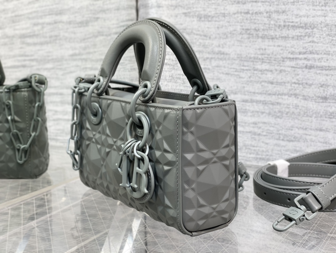 Micro Lady D-Joy Bag Gray Cannage Calfskin with Diamond Motif